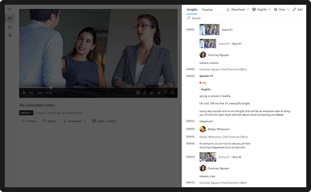 Screenshot of Azure AI Video Indexer's transcript pane